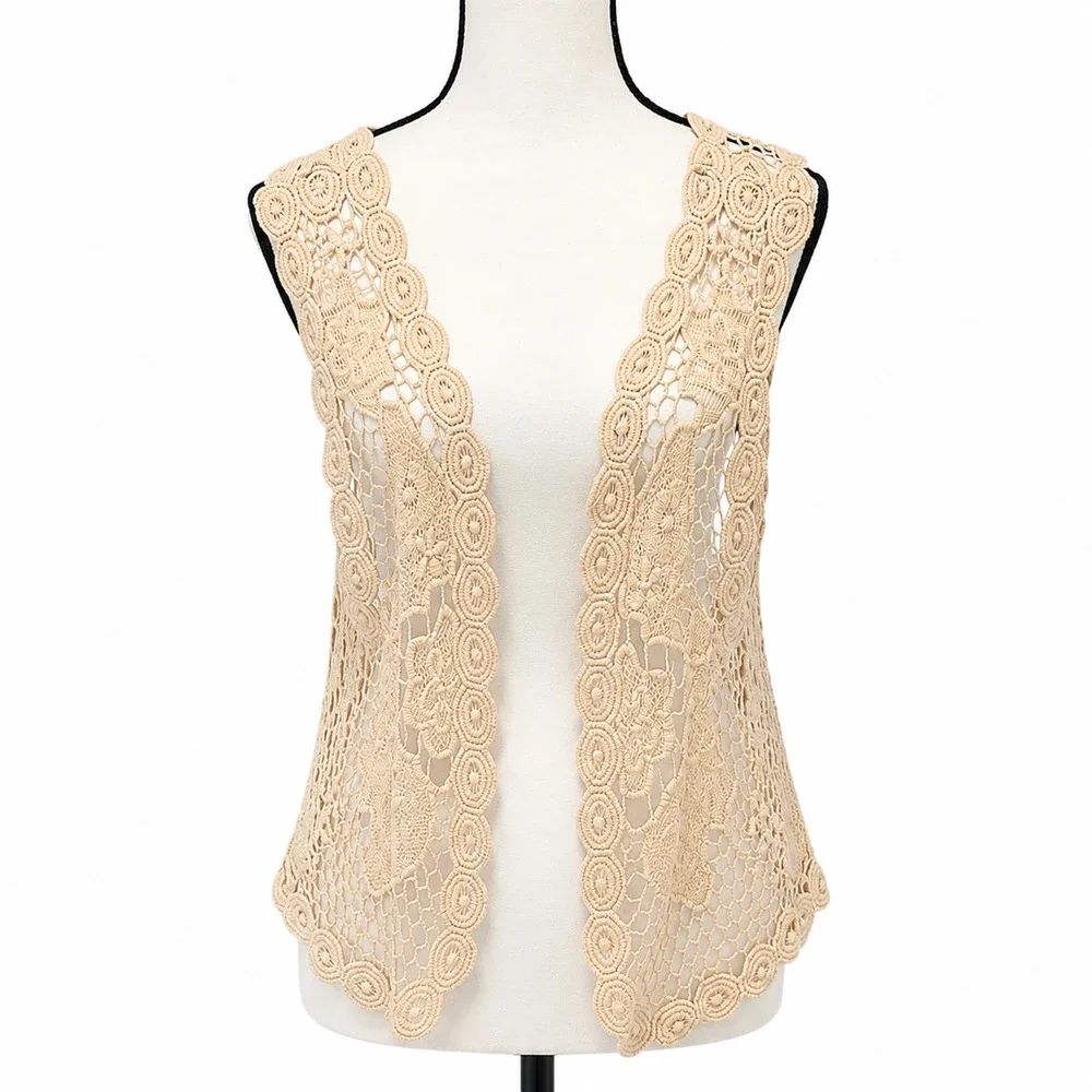 Soul Cake Crochet Lace Vest Womens Size L/XL Tan 100% Cotton Bohemian Festival - Picture 1 of 7